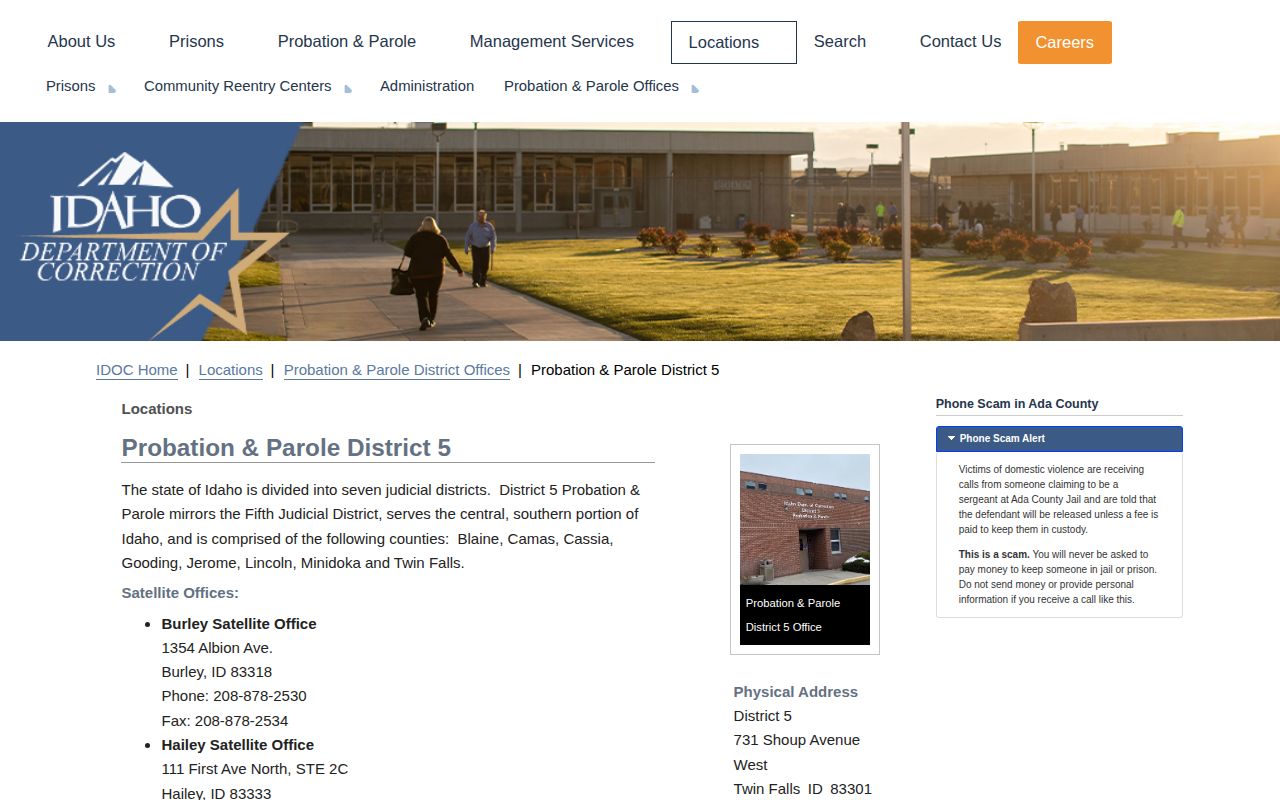 Minidoka County parole and probation District 5 office page