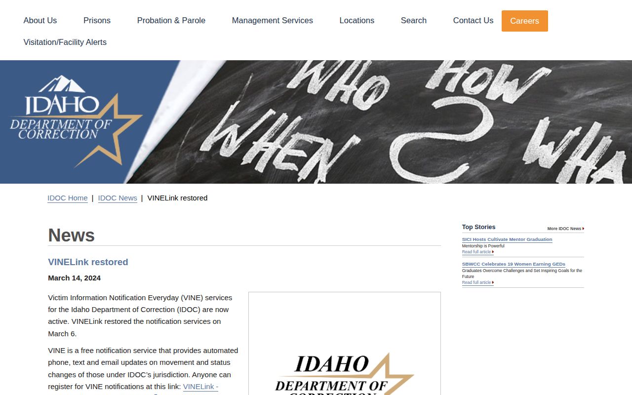 Minidoka County Idaho VINE release notification methods and PIN support