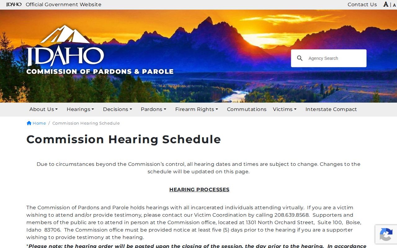 Minidoka County parole hearing schedule for release supervision review